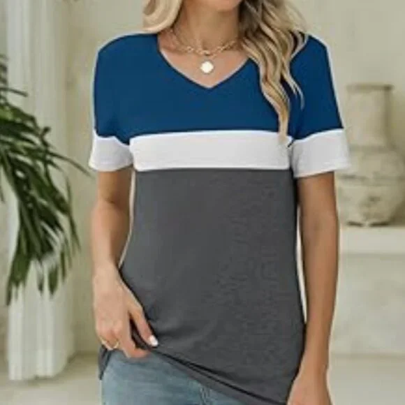 3/$20 EUC Minetom Women's Color Block Short Sleeve V-Neck Soft Tee Shirt Large - Picture 9 of 12